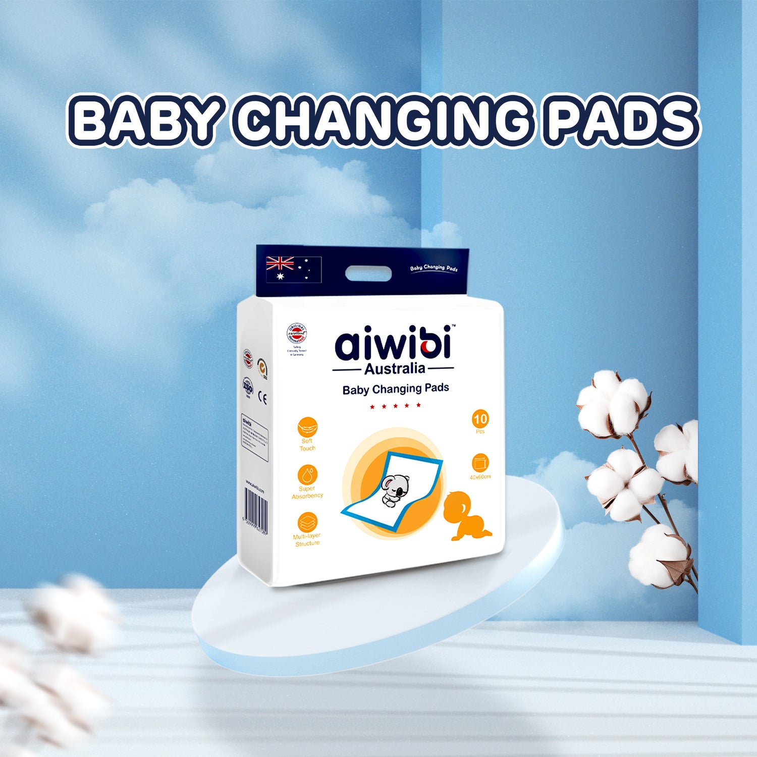 Aiwibi Disposable Baby Changing Pads – Super Absorbent & Leak-Proof (40 × 60 cm, 10 Pcs)