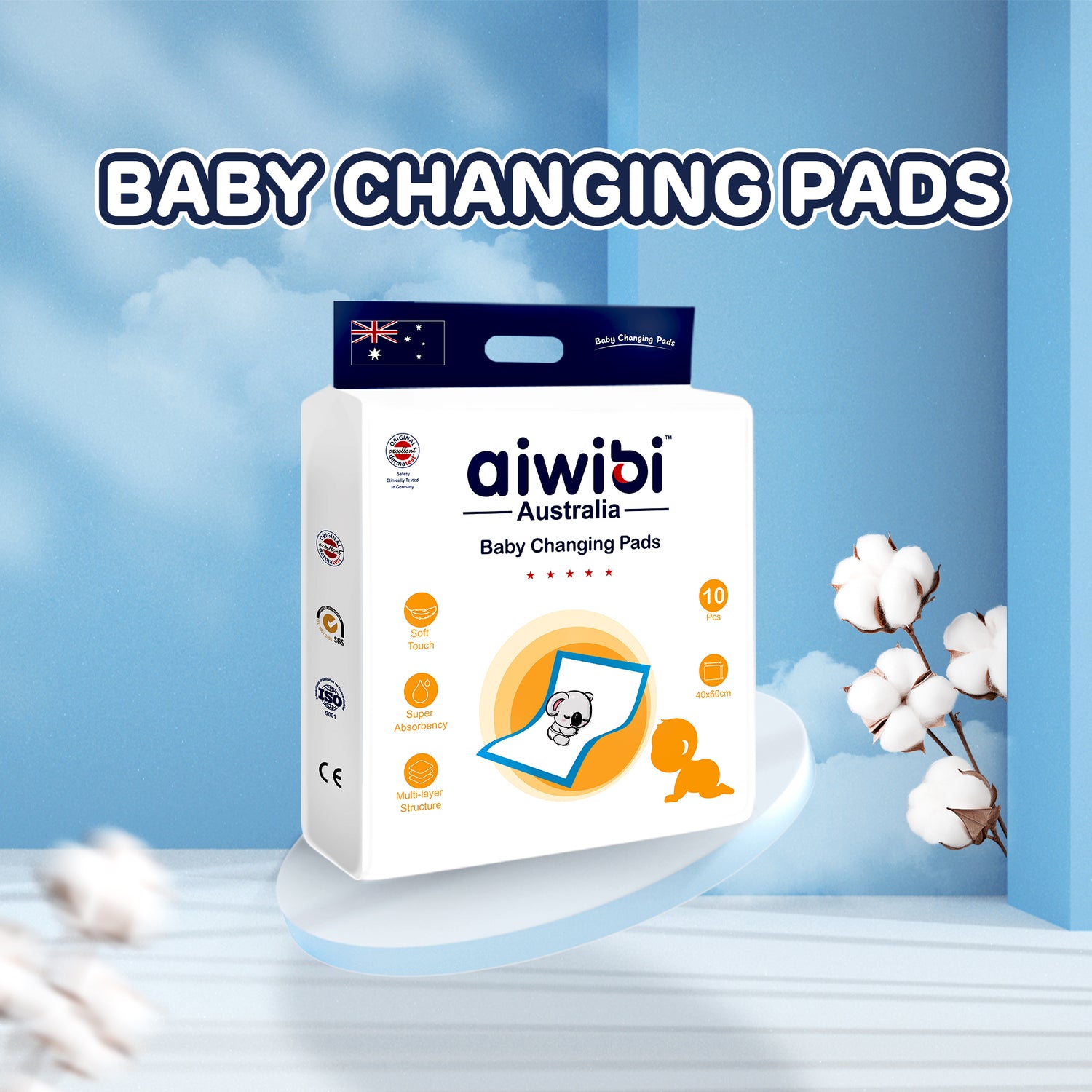 Aiwibi Disposable Baby Changing Pads – Super Absorbent & Leak-Proof (40 × 60 cm, 10 Pcs)