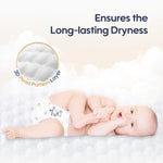 Baby lying on a soft surface with text about long-lasting dryness and a close-up of a 3D pearl pattern layer.