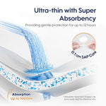 Product with text about ultra-thin design and super absorbency, featuring a close-up of a core and water flow.