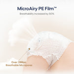 Aiwibi baby pants with MicroAiry PE Film™ technology highlighting increased breathability and micropores.