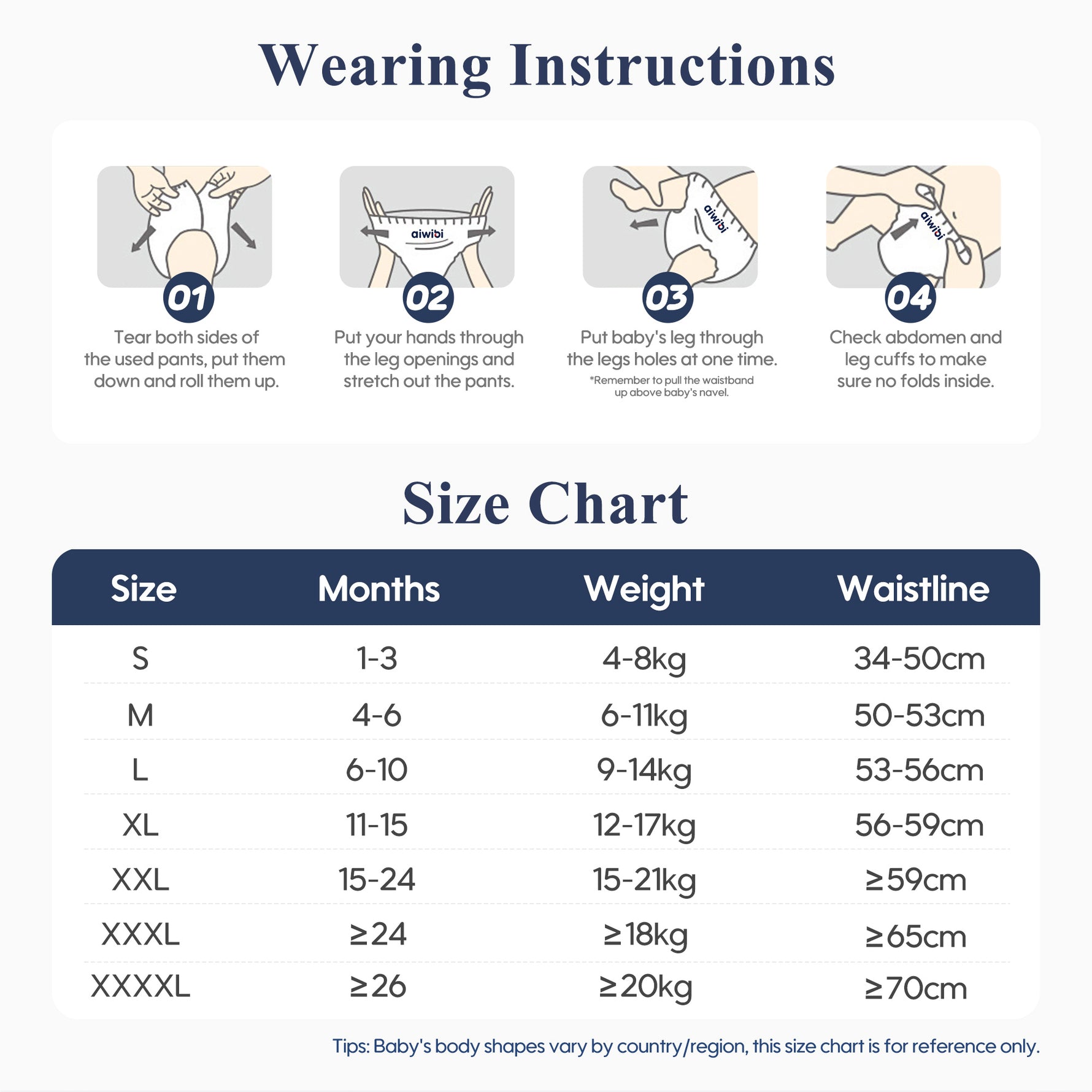 Wearing instructions and size chart for Aiwibi diaper pants.