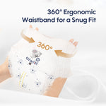 Baby wearing a diaper with 'aiwibi' branding and text about 360-degree ergonomic waistband.