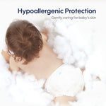 Baby lying in a cloud of hypoallergenic diaper pants with text 'Hypoallergenic Protection' and 'Gently caring for baby's skin'.