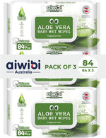Packaging of aiwibi Australia Aloe Vera Baby Wet Wipes with green and white design.