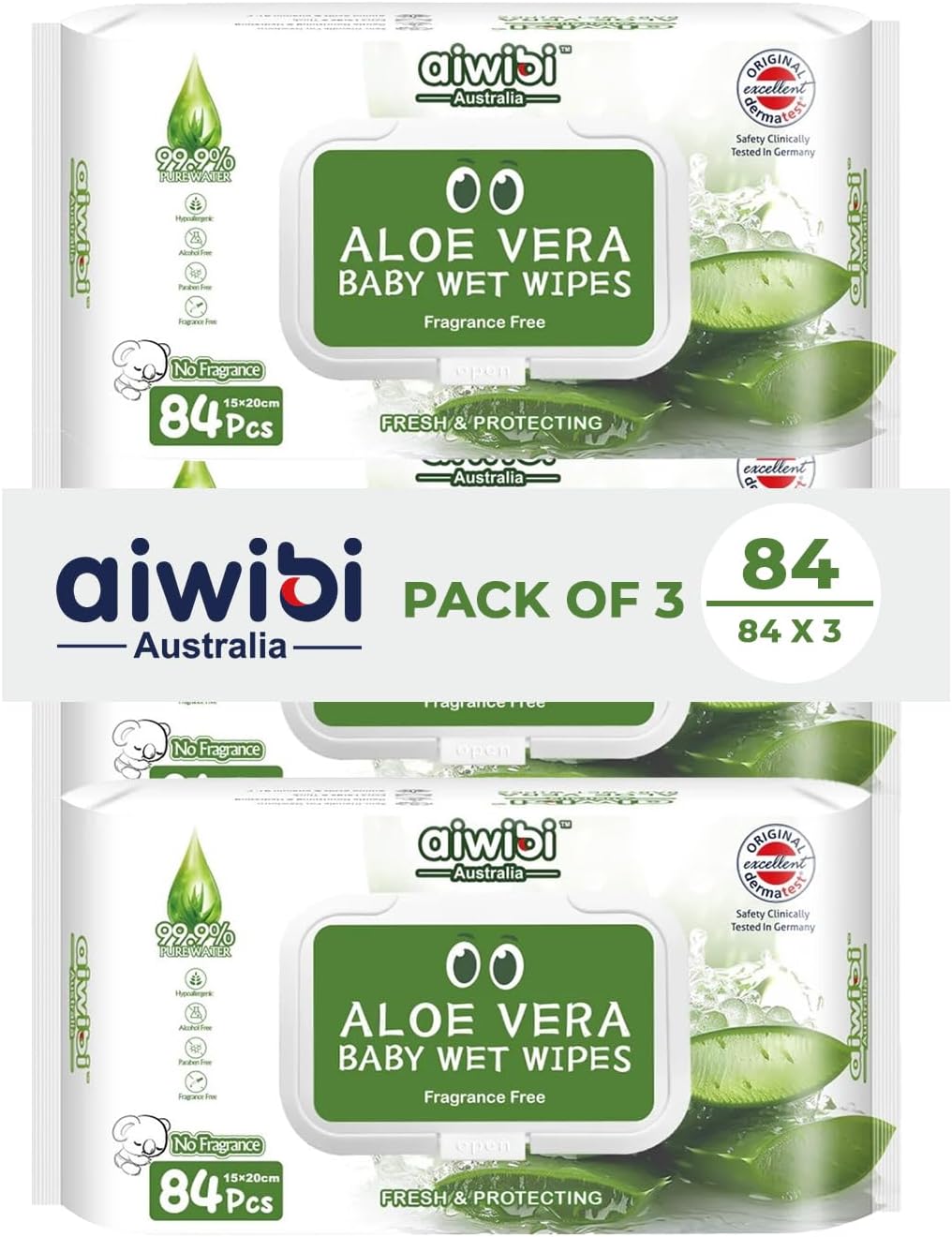 Packaging of aiwibi Australia Aloe Vera Baby Wet Wipes with green and white design.