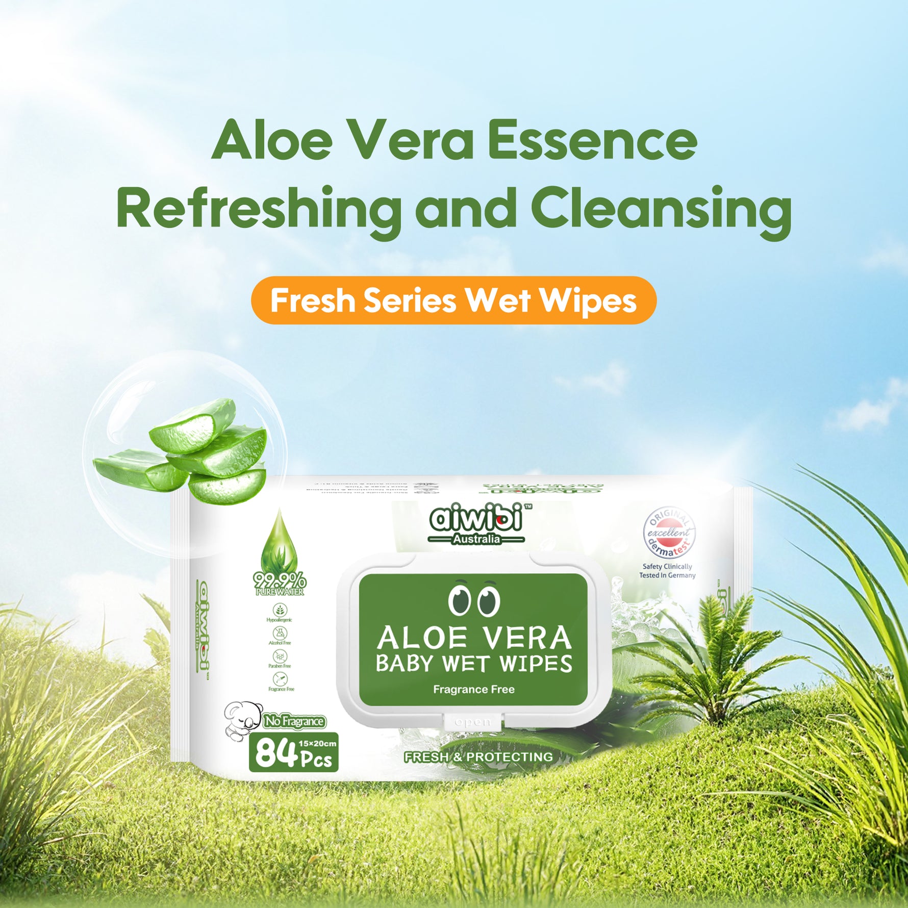 Package of aloe vera baby wet wipes with greenery in the background