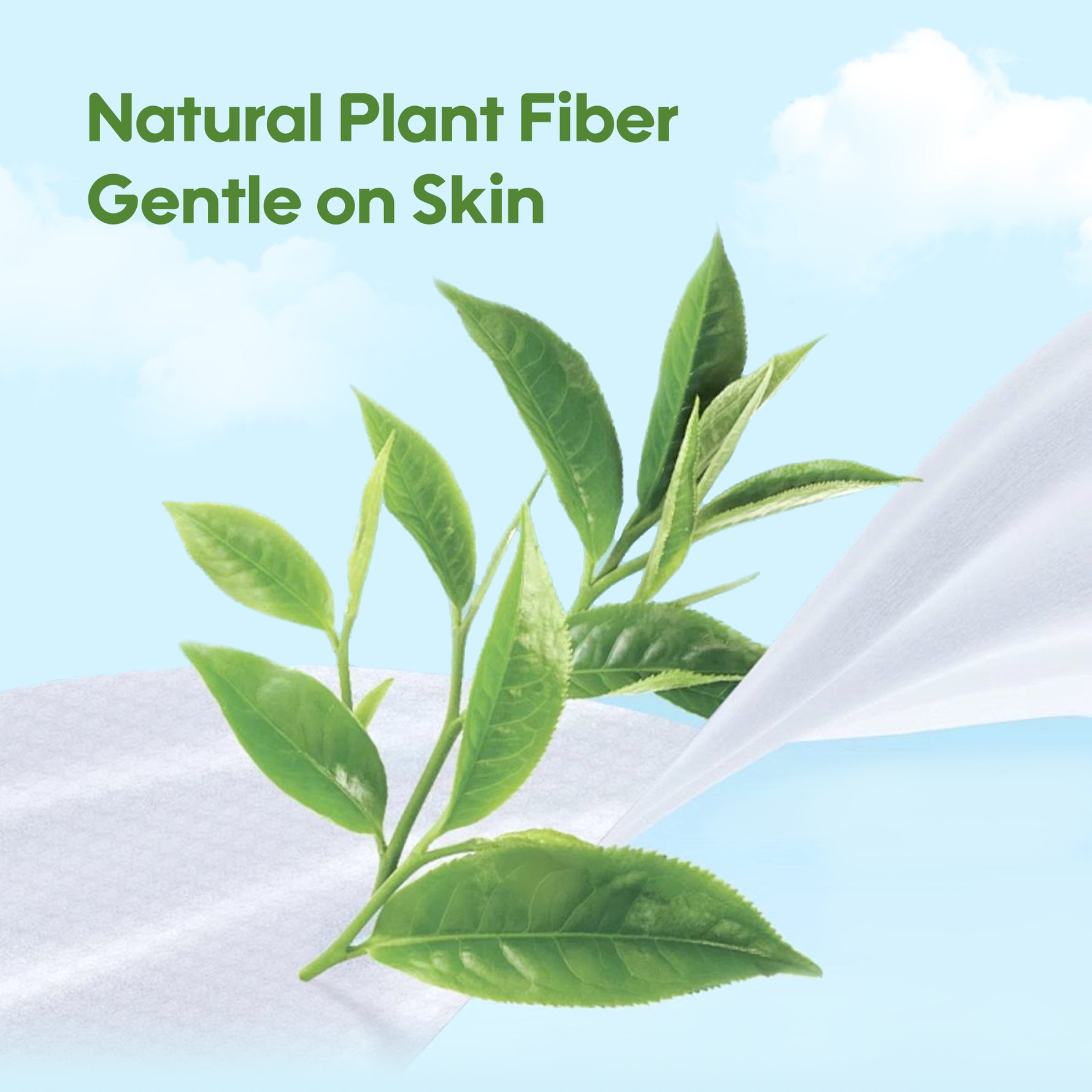 Aiwibi baby wipes with green leaves and 'Natural Plant Fiber Gentle on Skin' text on a light blue background