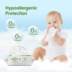 A baby holding an aiwibi wipe; the packaging features a hypoallergenic formula.