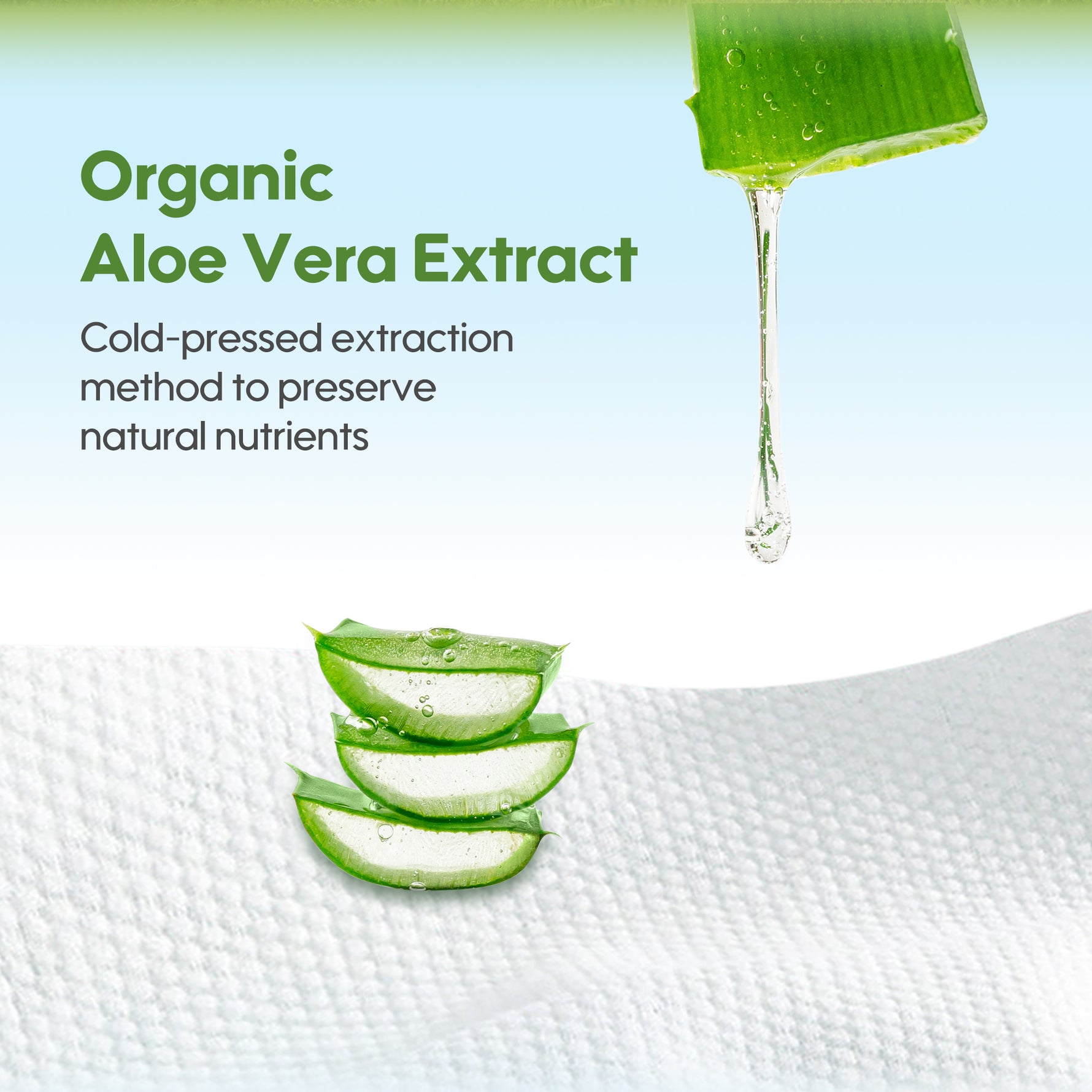 Organic aloe vera extract with slices and liquid droplet on a white background