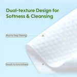 Textile with dual-texture design for softness and cleansing on a light blue background