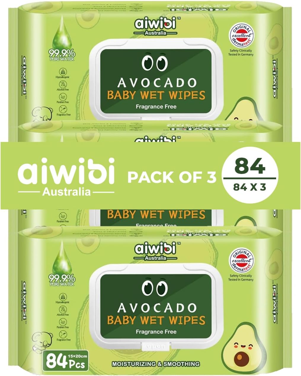 Packaging of aiwibi avocado baby wet wipes with green and white design.