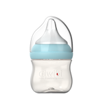 A transparent Aiwibi PPSU baby bottle with a blue ribbon design near the top, featuring a soft silicone nipple and measurement markings on the side.