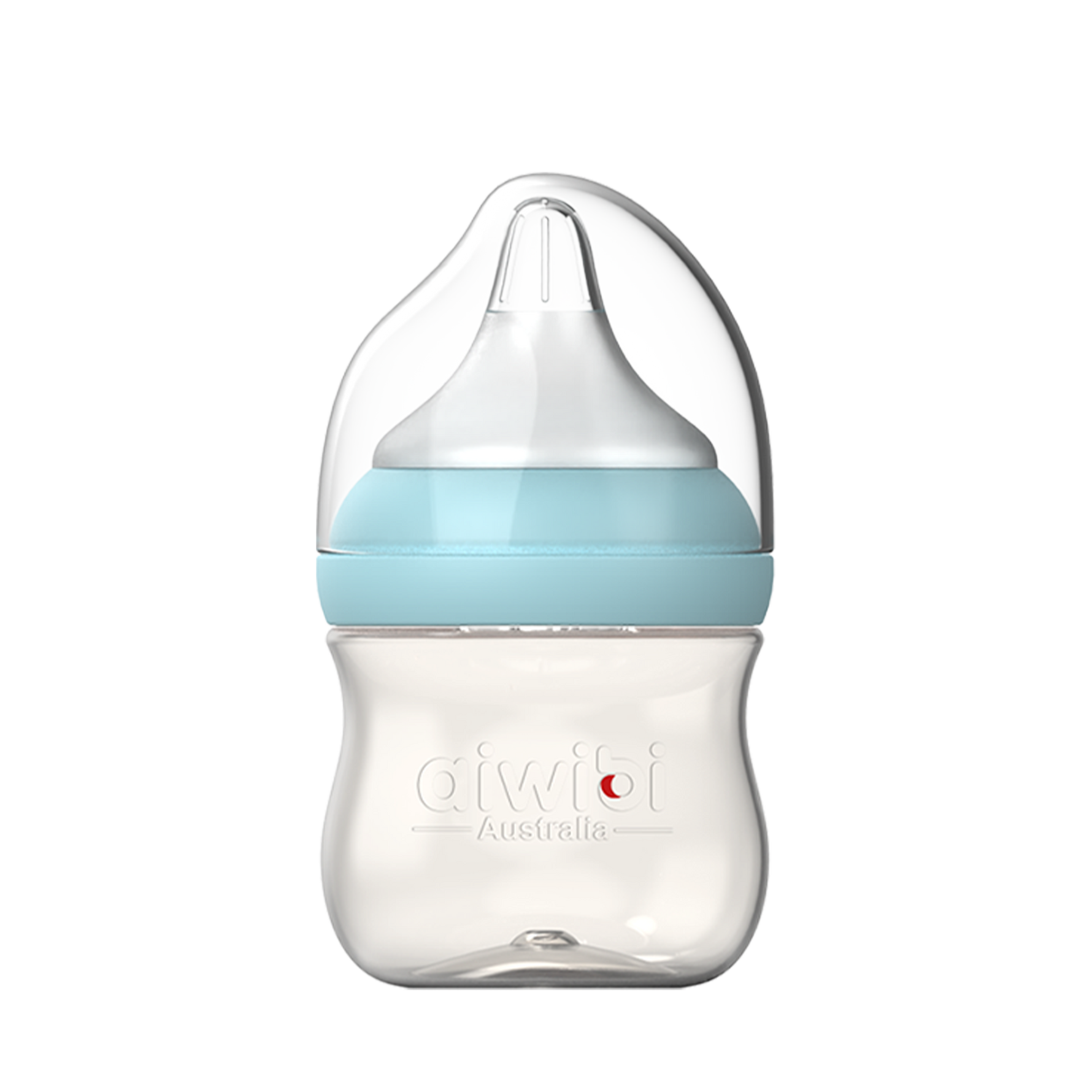 A transparent Aiwibi PPSU baby bottle with a blue ribbon design near the top, featuring a soft silicone nipple and measurement markings on the side.