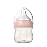 A transparent Aiwibi PPSU baby bottle with a pink ribbon design near the top, featuring a soft silicone nipple and measurement markings on the side.