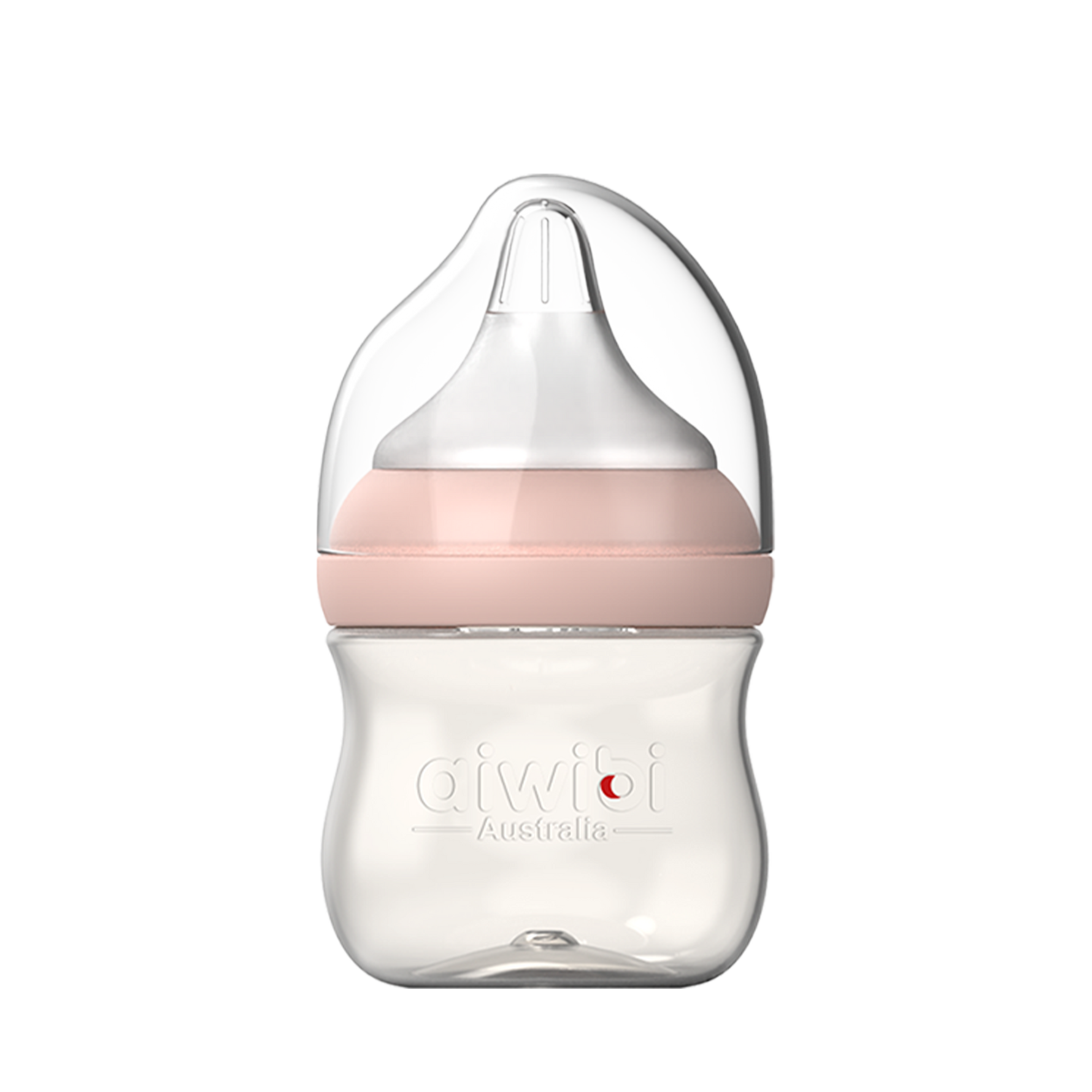 A transparent Aiwibi PPSU baby bottle with a pink ribbon design near the top, featuring a soft silicone nipple and measurement markings on the side.