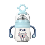180ml Aiwibi PPSU baby bottle with a blue lid, handle, and measurement markings, featuring a cartoon koala face design.