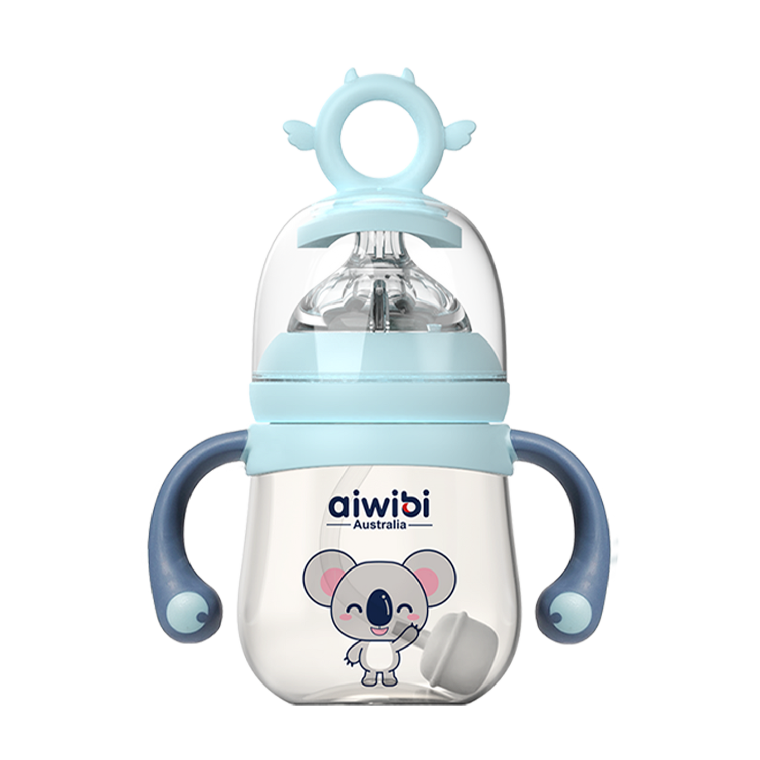 180ml Aiwibi PPSU baby bottle with a blue lid, handle, and measurement markings, featuring a cartoon koala face design.