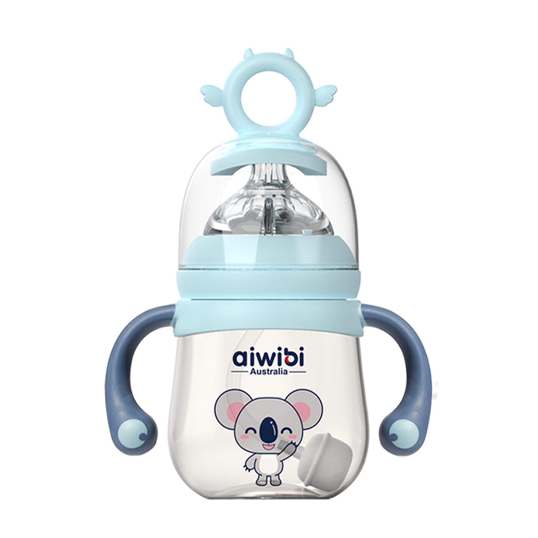 180ml Aiwibi PPSU baby bottle with a blue lid, handle, and measurement markings, featuring a cartoon koala face design.