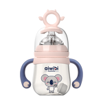 A pink Aiwibi PPSU baby bottle with a pink lid, handle, and measurement markings, featuring a cartoon koala face design.