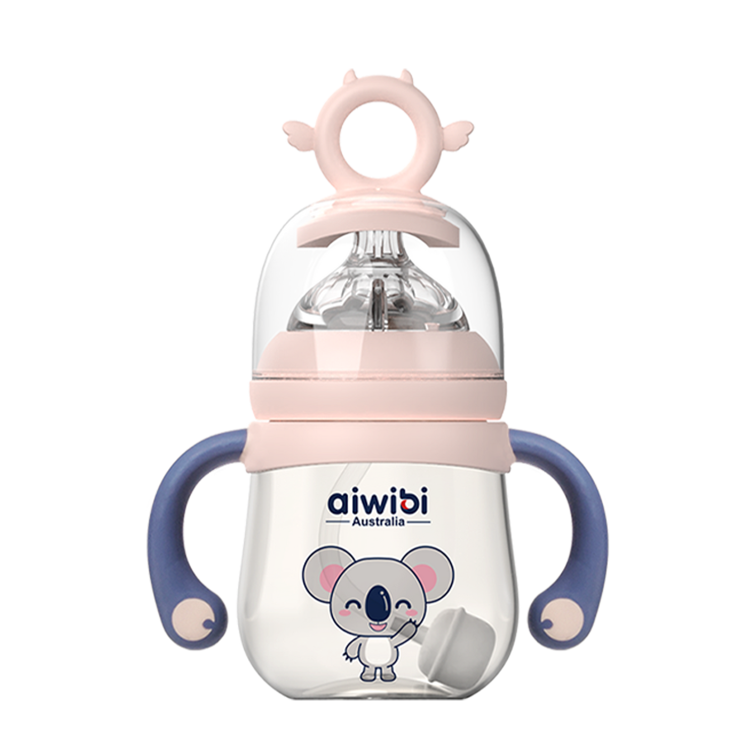 A pink Aiwibi PPSU baby bottle with a pink lid, handle, and measurement markings, featuring a cartoon koala face design.