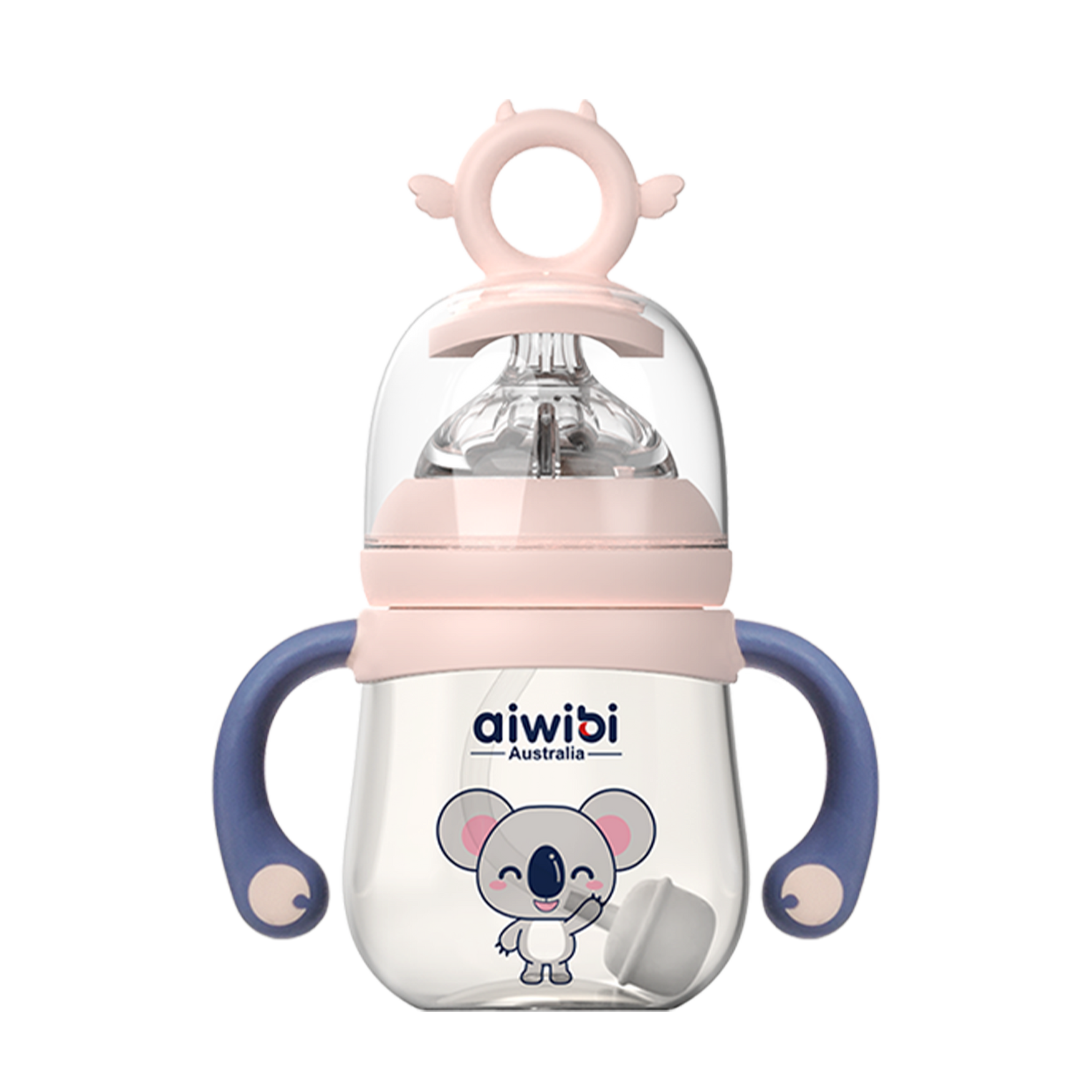 A pink Aiwibi PPSU baby bottle with a pink lid, handle, and measurement markings, featuring a cartoon koala face design.