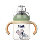 A transparent Aiwibi PPSU baby bottle 240ml with green lid and base, featuring a cartoon character design, measurement markings, and equipped with a soft silicone nipple and ergonomic handle.