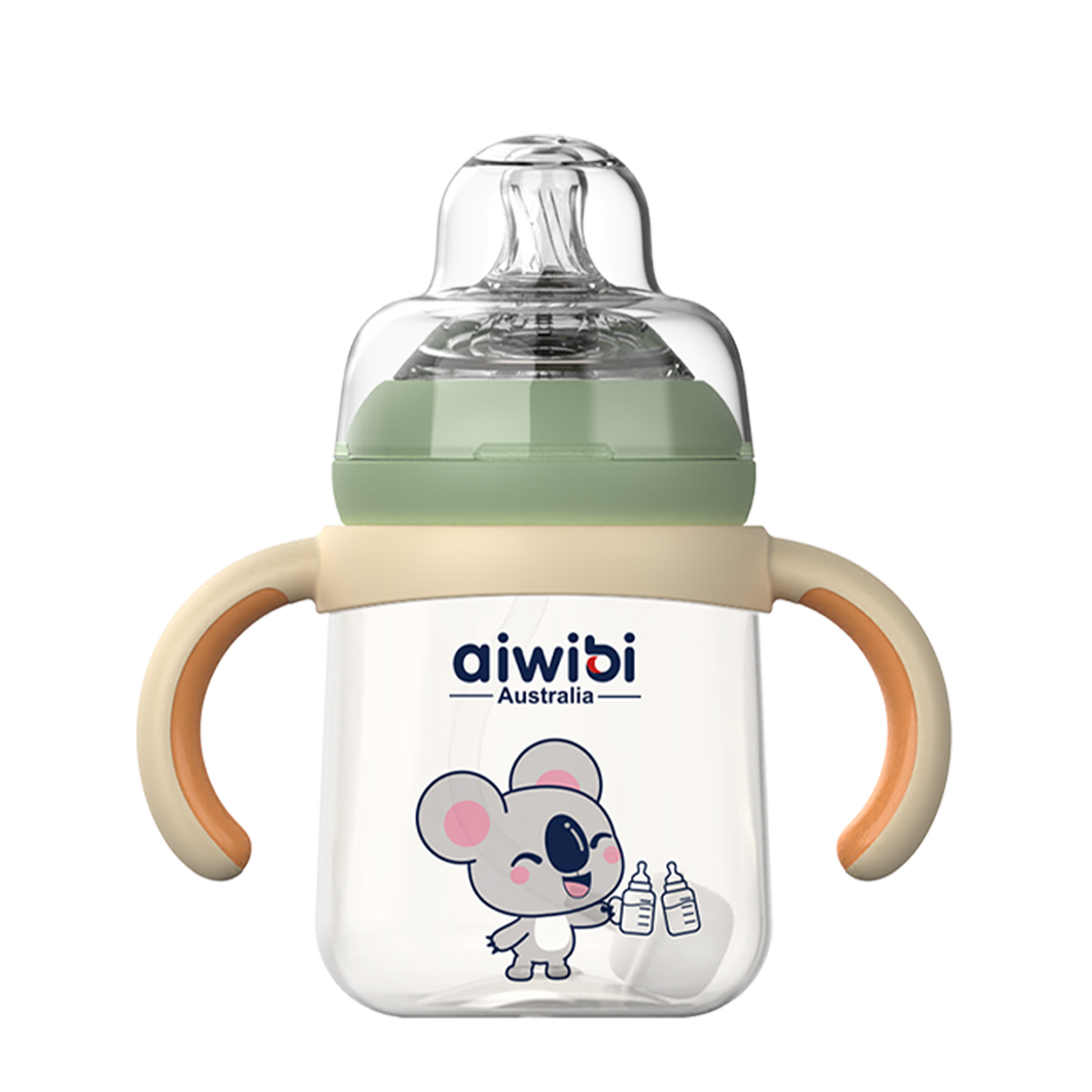 A transparent Aiwibi PPSU baby bottle 240ml with green lid and base, featuring a cartoon character design, measurement markings, and equipped with a soft silicone nipple and ergonomic handle.