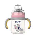 A transparent Aiwibi PPSU baby bottle with pink lid and base, featuring a cartoon character design, measurement markings, and equipped with a soft silicone nipple and ergonomic handle.