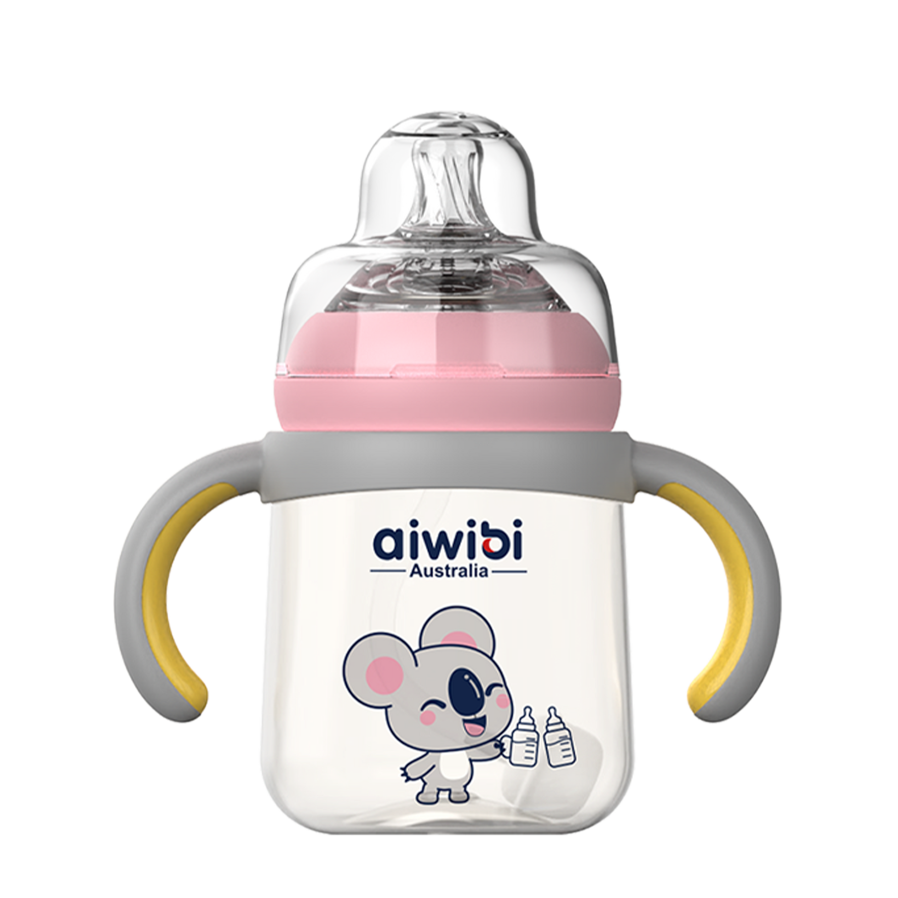 A transparent Aiwibi PPSU baby bottle with pink lid and base, featuring a cartoon character design, measurement markings, and equipped with a soft silicone nipple and ergonomic handle.