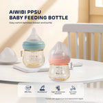 The photo shows two 120ml PPSU baby feeding bottles, one blue and one pink.