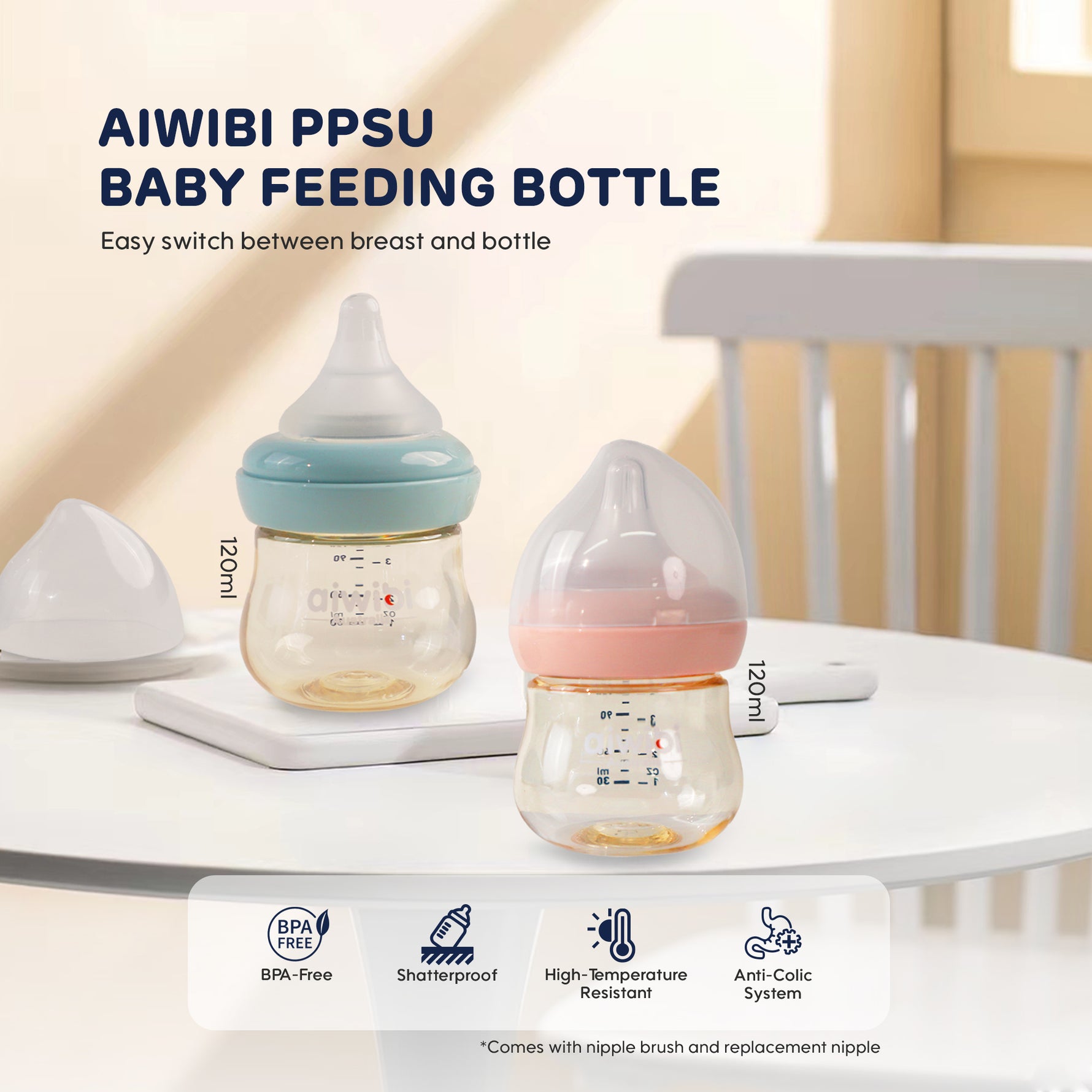 The photo shows two 120ml PPSU baby feeding bottles, one blue and one pink.