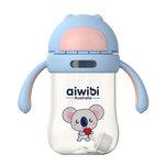 A blue Aiwibi baby bottle with a koala design, featuring blue handles and bottle nipple.