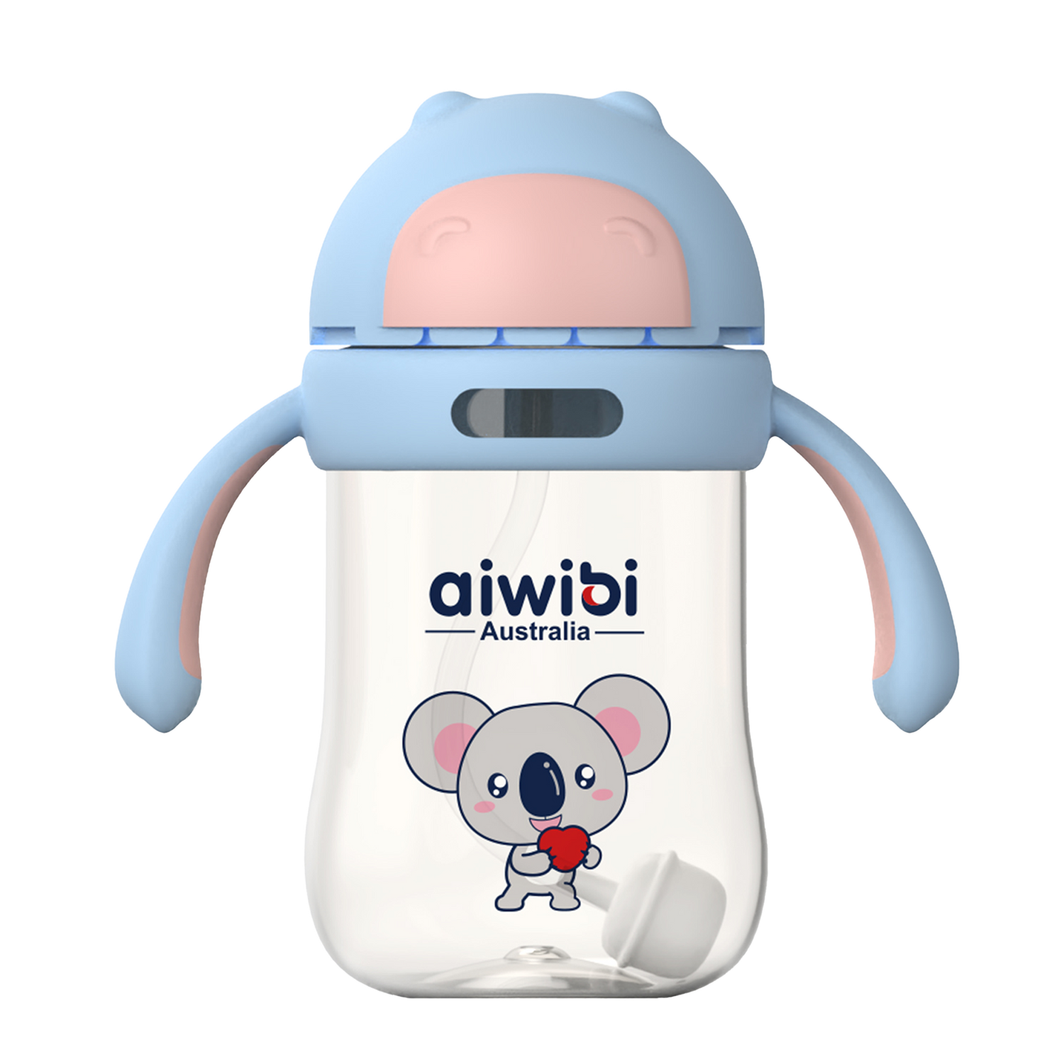A blue Aiwibi baby bottle with a koala design, featuring blue handles and bottle nipple.