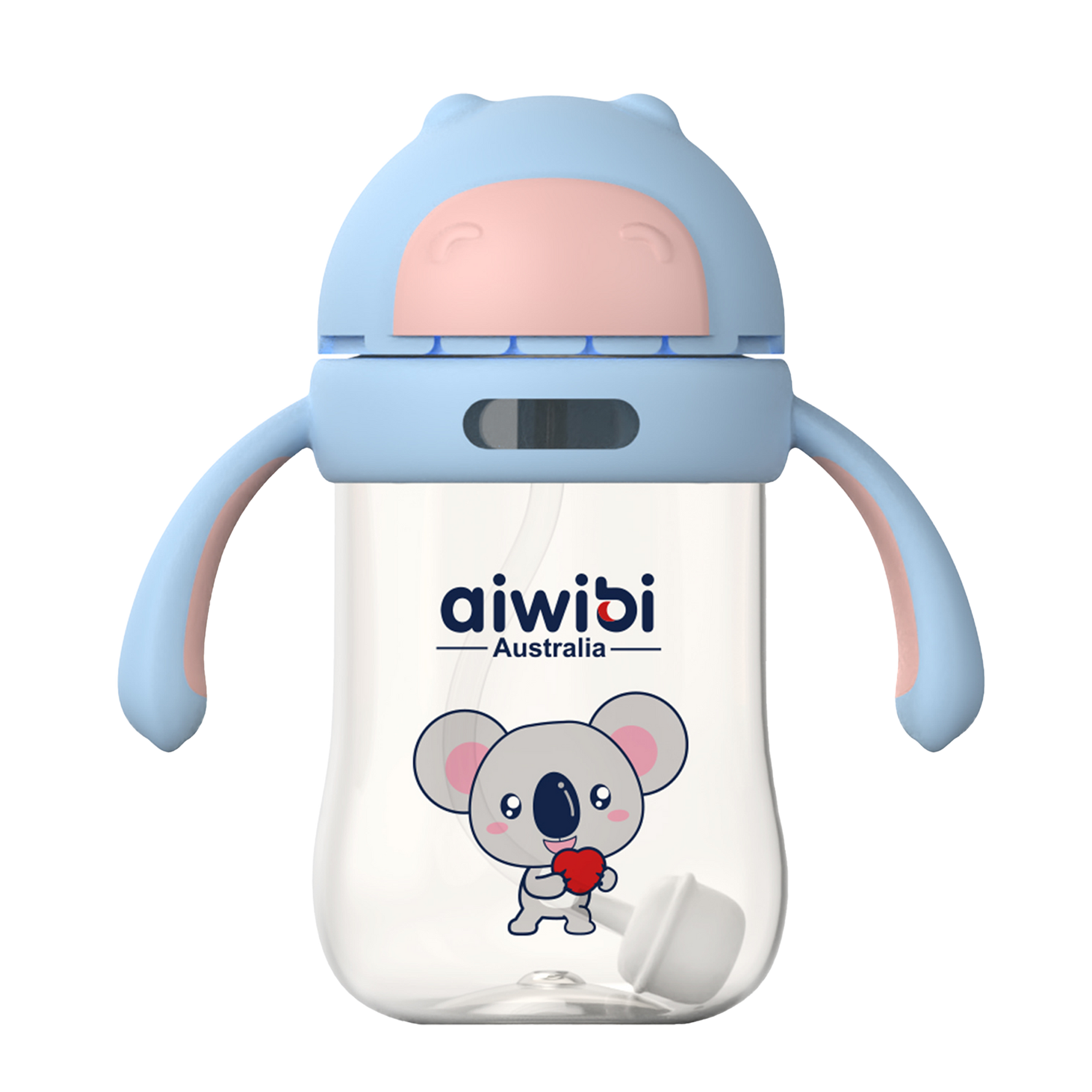 A blue Aiwibi baby bottle with a koala design, featuring blue handles and bottle nipple.