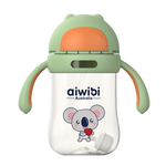 A green Aiwibi baby bottle with a koala design, featuring blue handles and a bottle nipple.