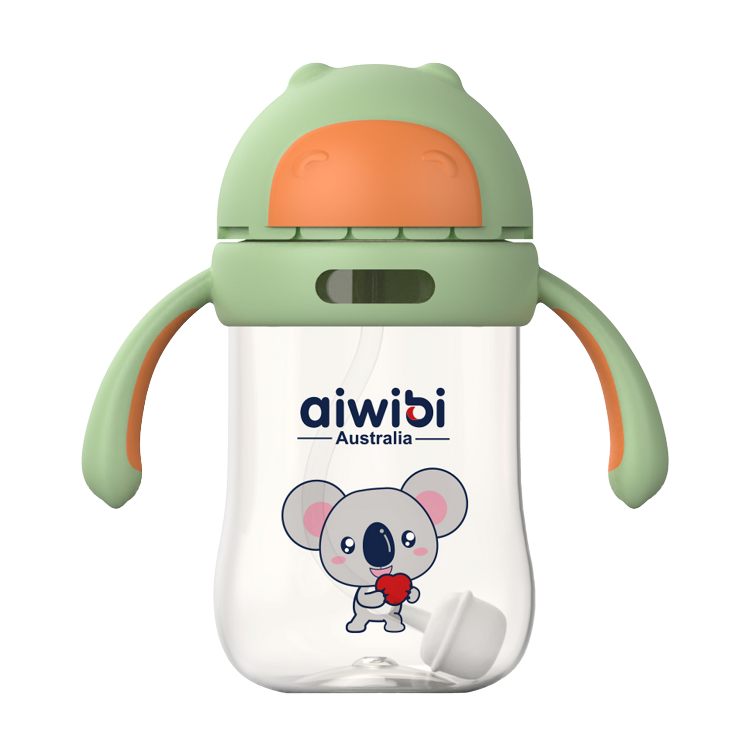 A green Aiwibi baby bottle with a koala design, featuring blue handles and a bottle nipple.