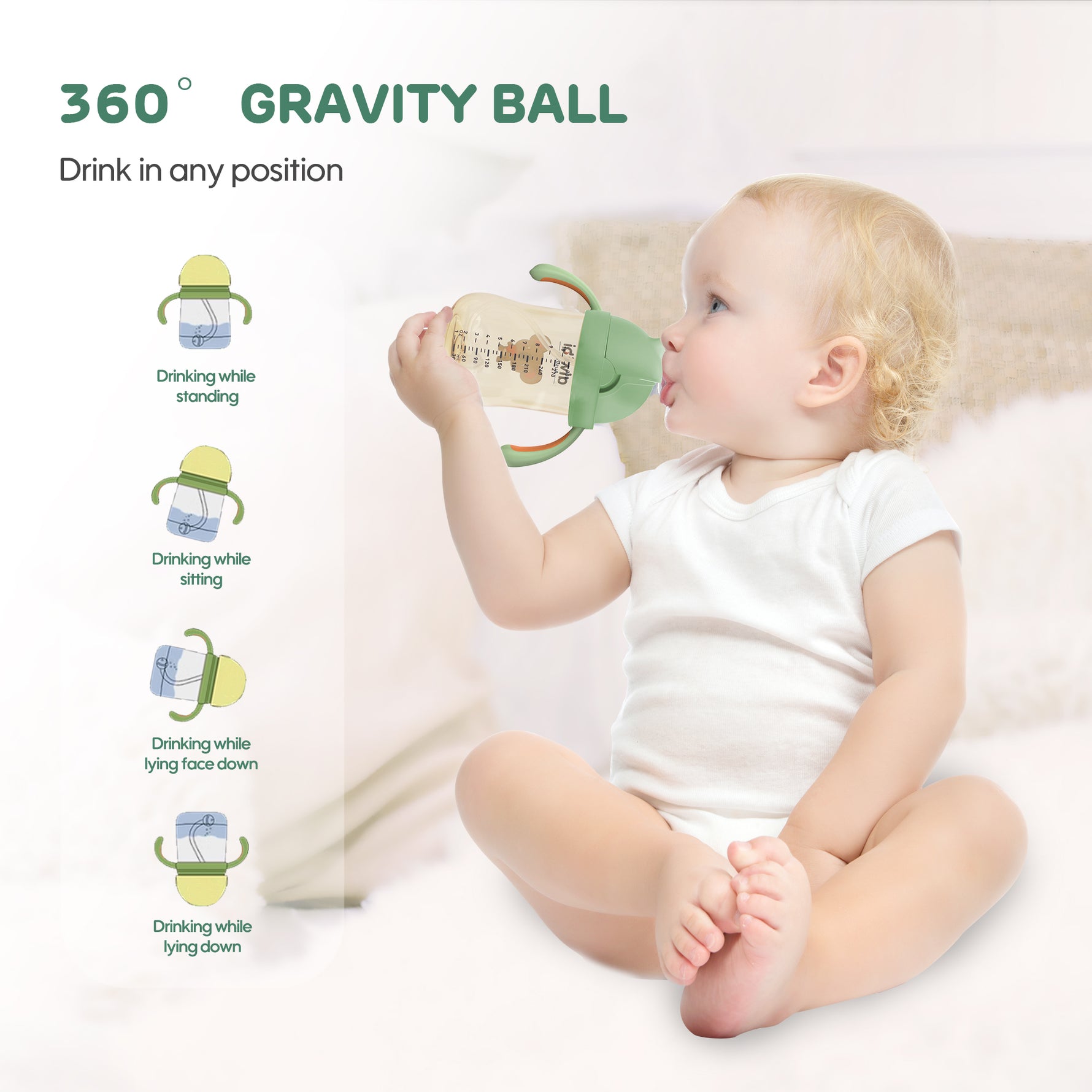 Aiwibi baby water bottle with 360° gravity ball, easy to drink lying down