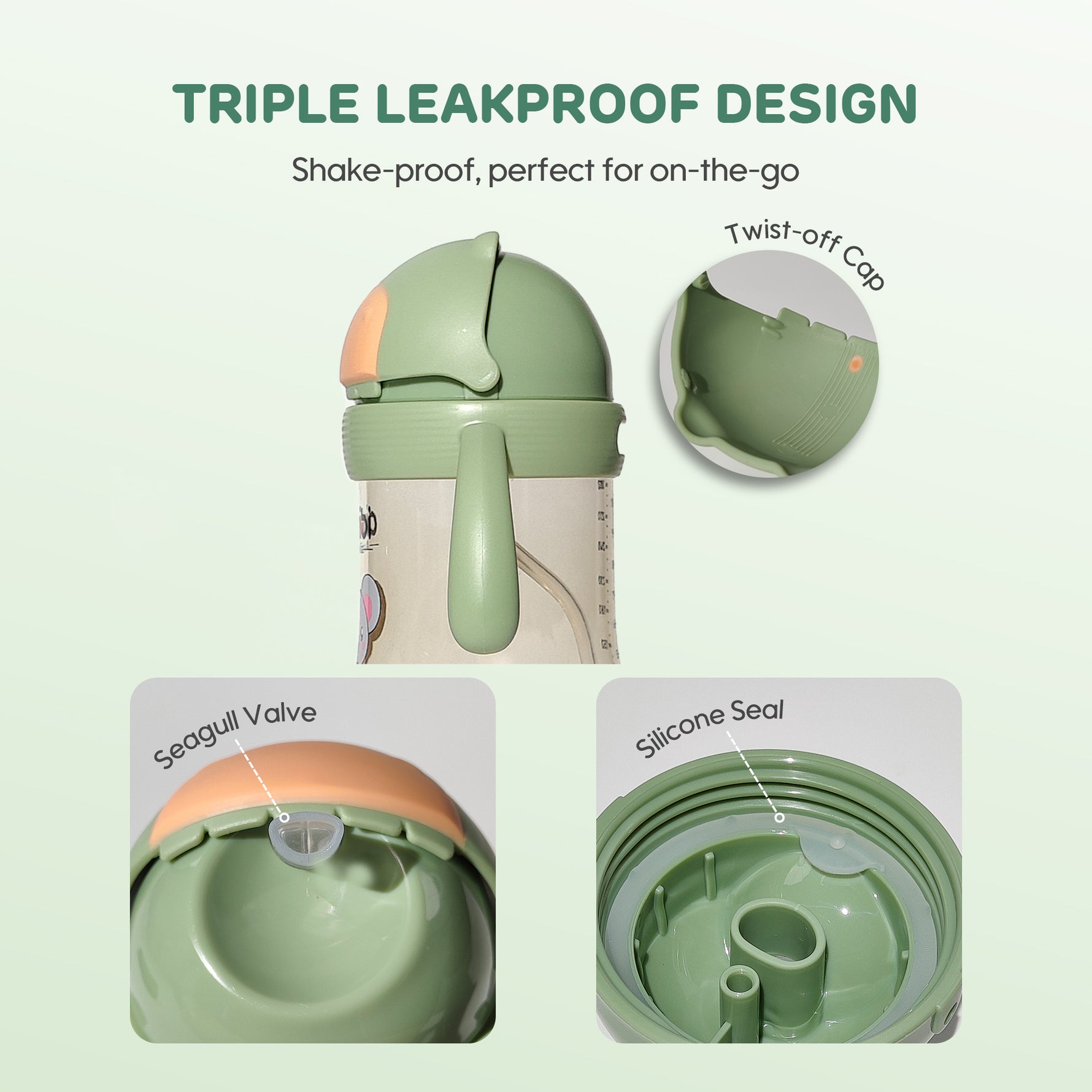 Aiwibi baby water bottle with triple leak-proof design.