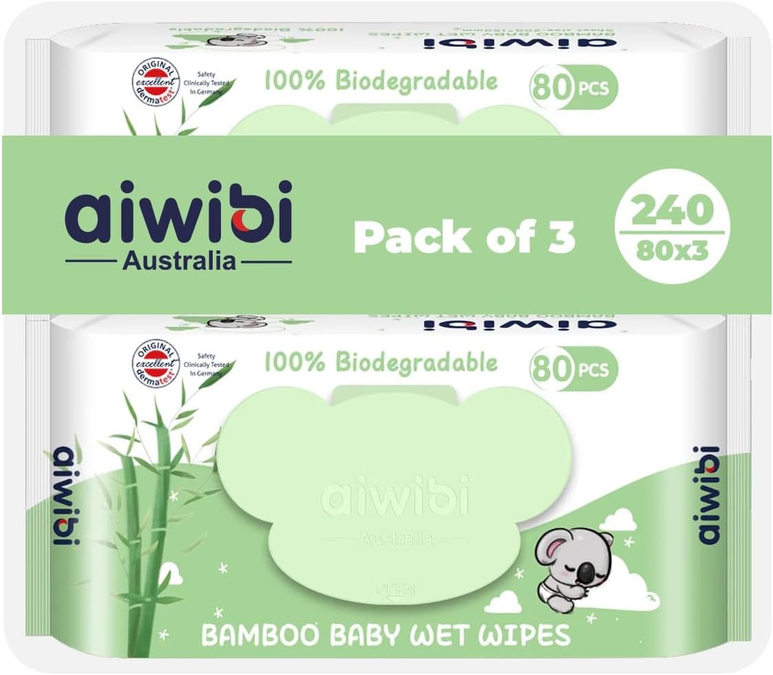 Packaging of aiwibi bamboo baby wet wipes with green and white design.