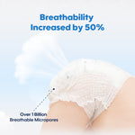 The image shows a baby wearing an Aiwibi diaper pants, highlighting its exceptional breathability.