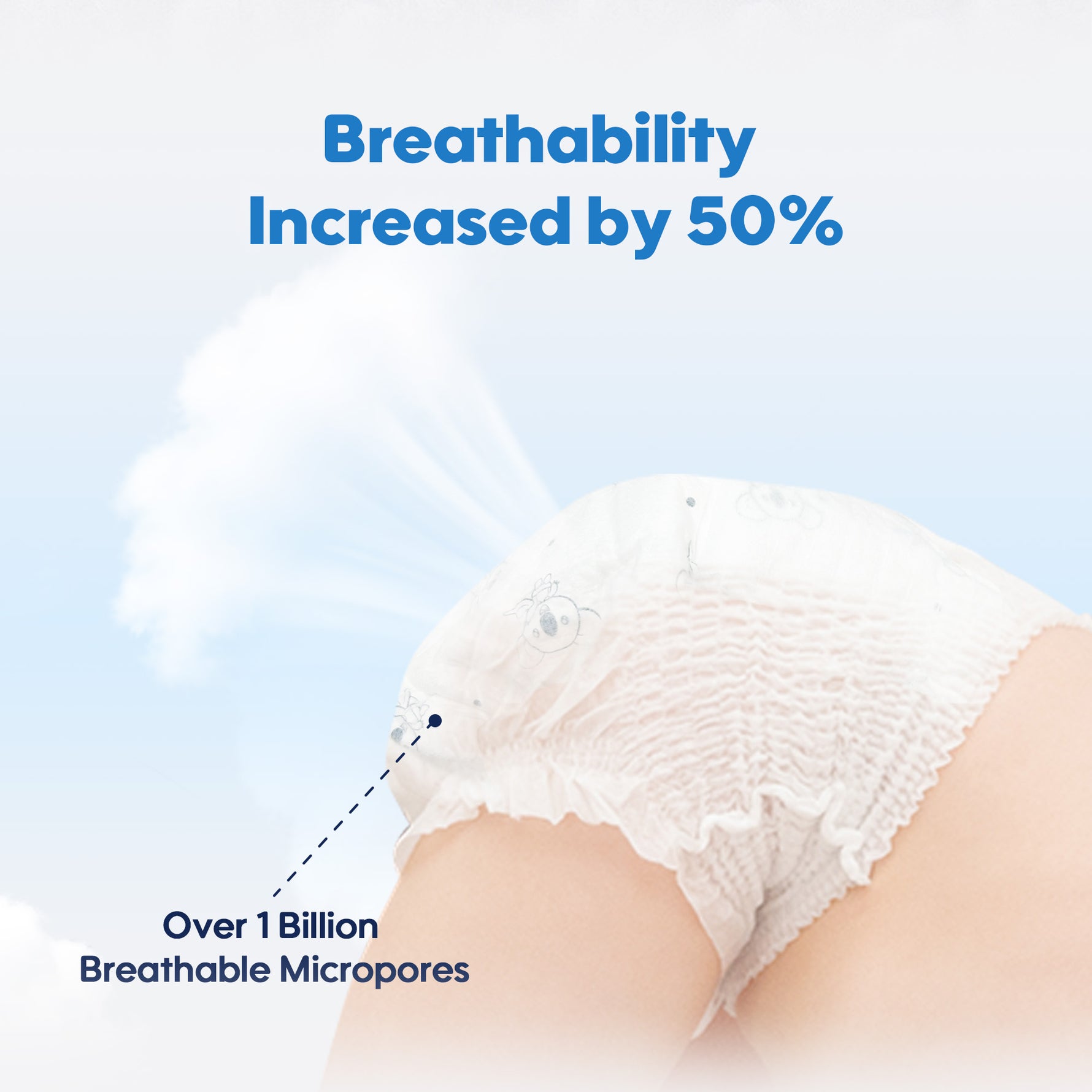 The image shows a baby wearing an Aiwibi diaper pants, highlighting its exceptional breathability.