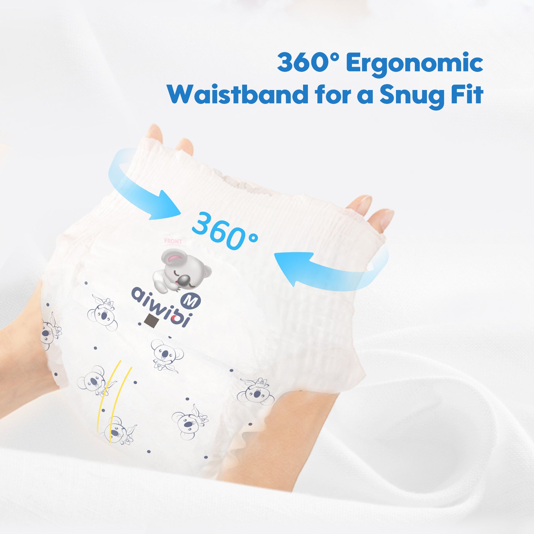 Aiwibi diapers pants feature a 360° ergonomic waistband design that conforms to the body's contours