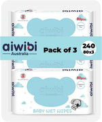 Packaging of aiwibi Australia baby wet wipes with 3 packs on a white background
