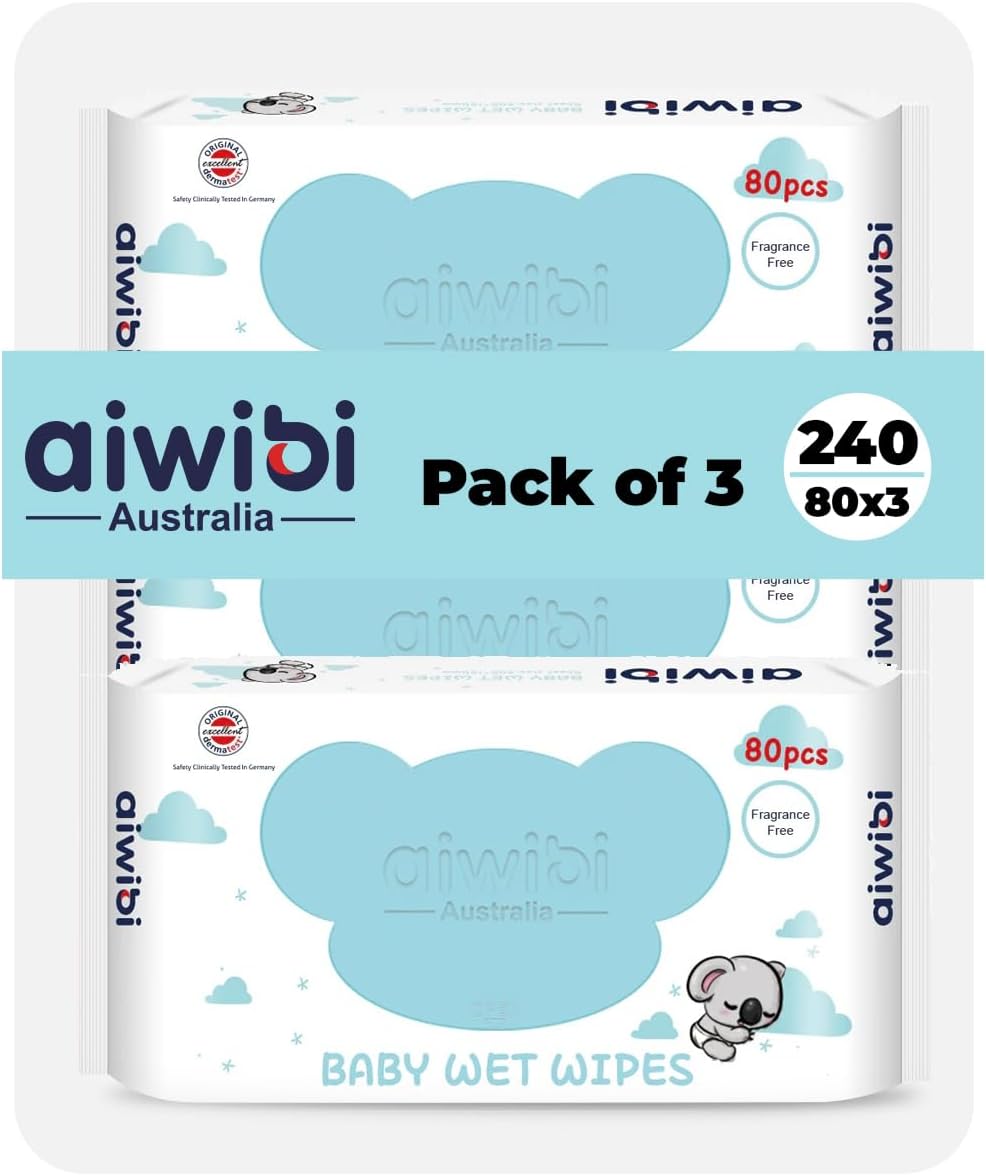 Packaging of aiwibi Australia baby wet wipes with 3 packs on a white background