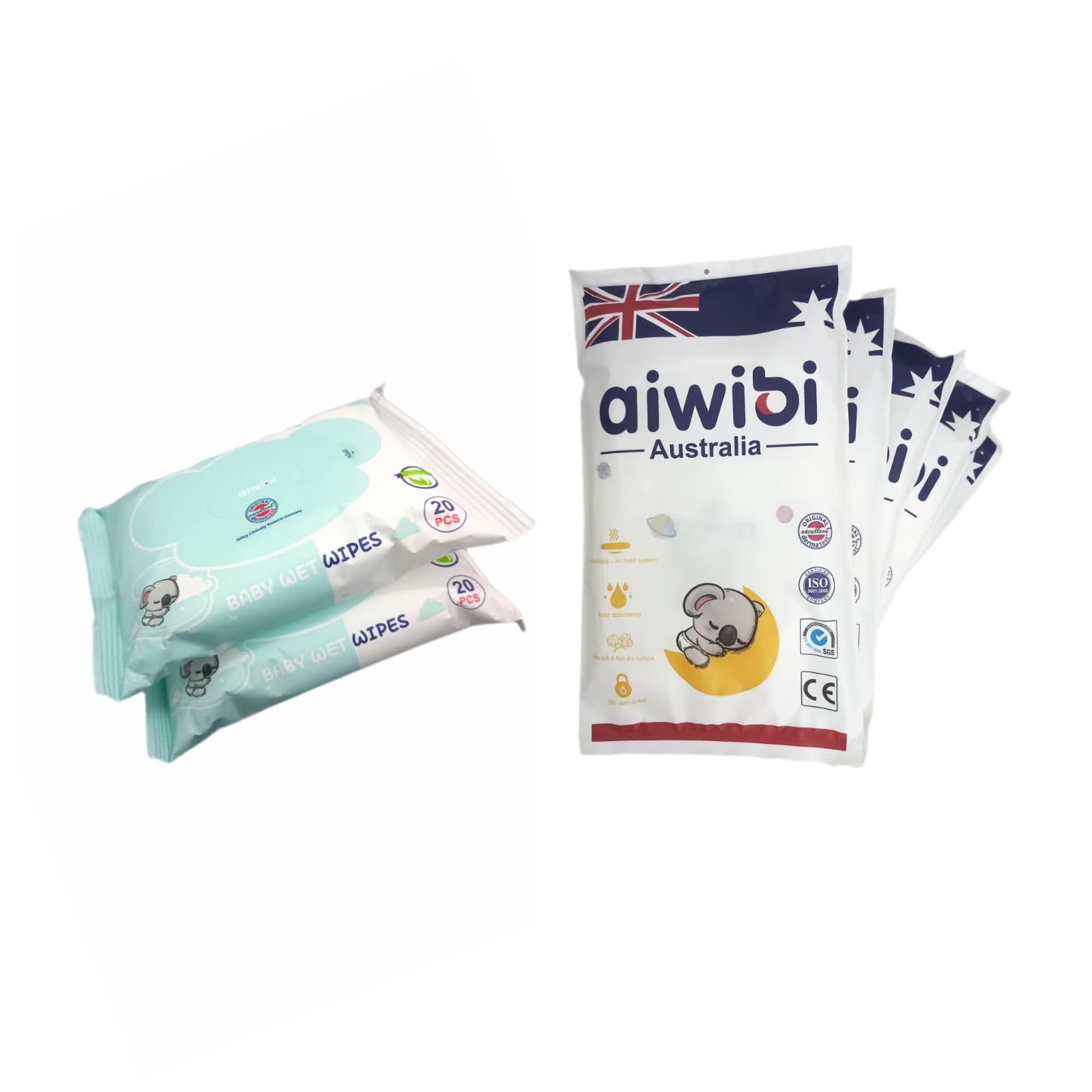 Two packs of Aiwibi baby wipes samples and five packs of free Aiwibi diaper samples