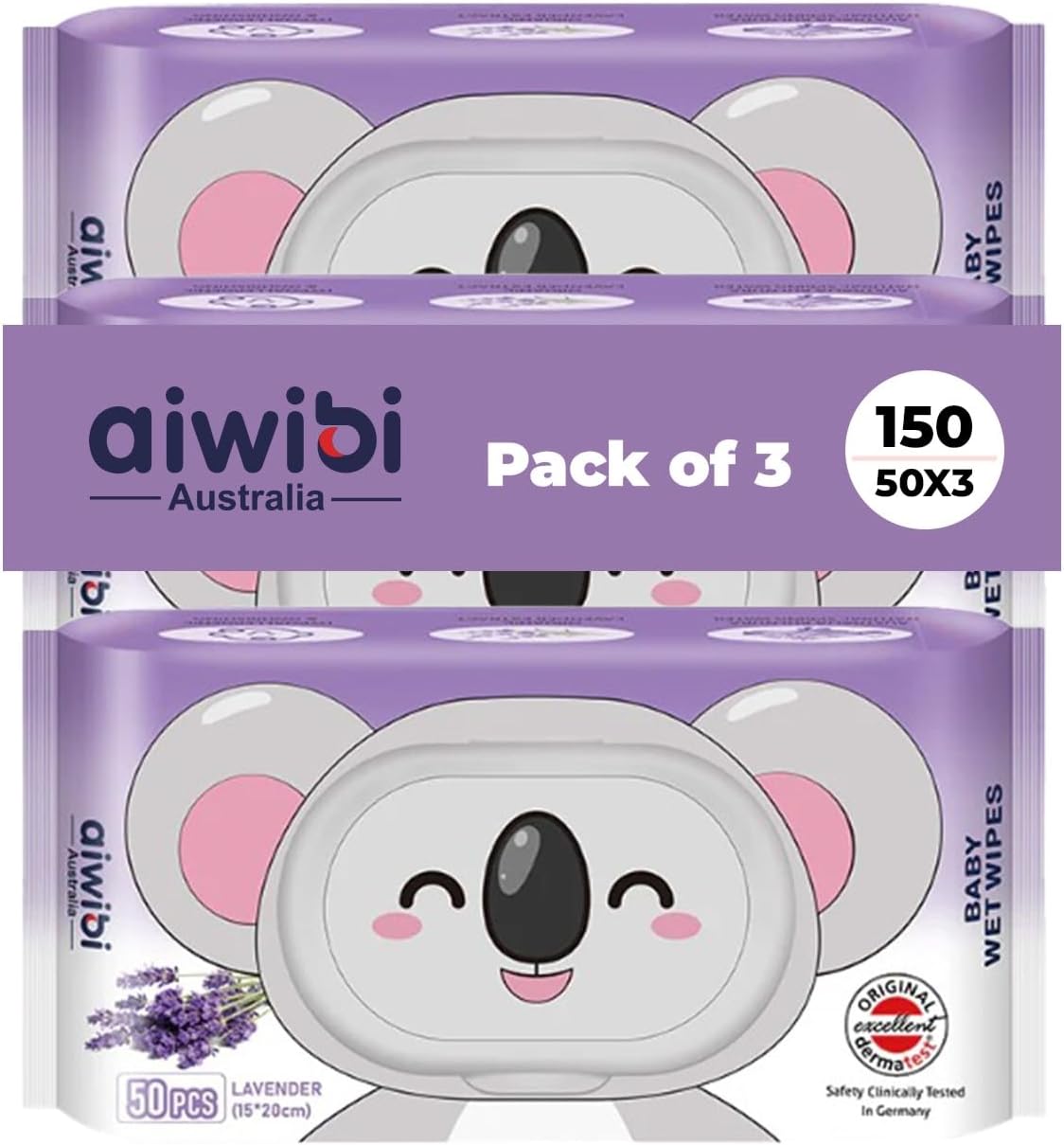 Pack of aiwibi Australia baby wet wipes with cartoon koala design on purple packaging.