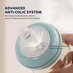 The image shows how the design of the Aiwibi newborn bottle helps prevent gas.