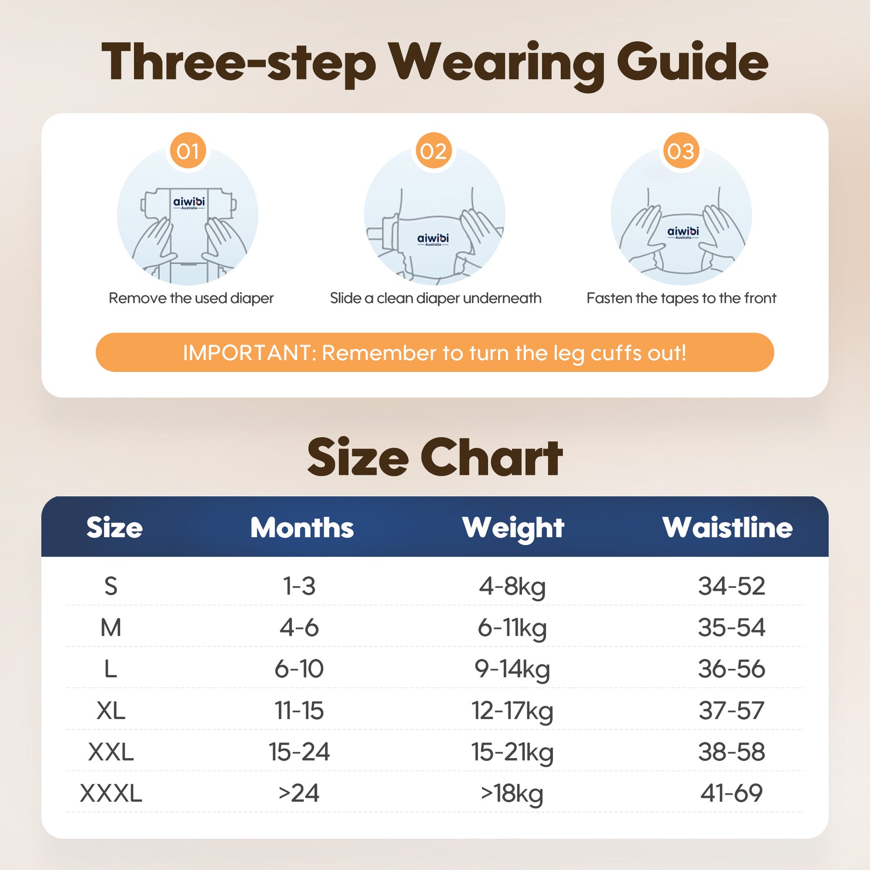 The image shows step-by-step instructions for putting on Aiwibi diapers.