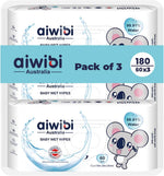 Three packages of aiwibi Australia baby wet wipes with a cartoon koala design on a white background.